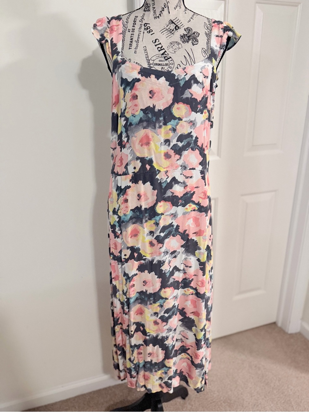 LOFT Outlet Floral Ruffle Sleeve Maxi Dress Pink Blue‎ Yellow Painterly Print 12
